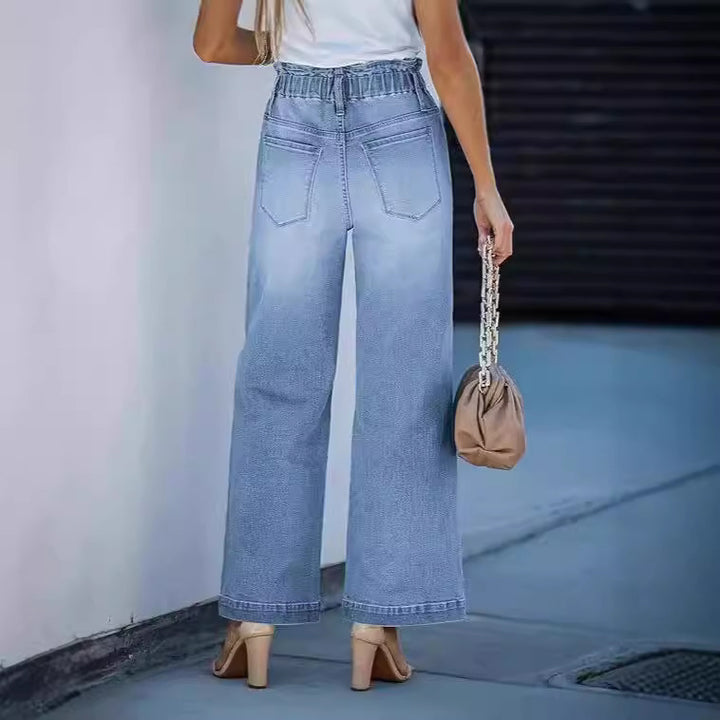 Women high-waisted wide-leg jeans with drawstring waistband and casual culotte silhouette Mune Fashion