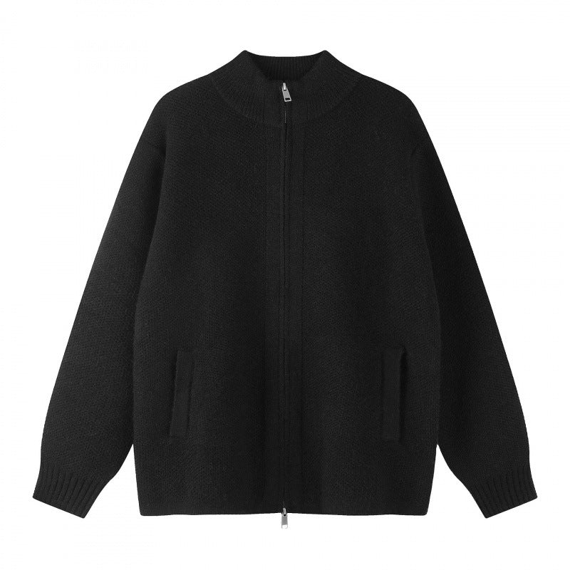 Women Oversized Knit Zip Jacket with Stand-Up Collar and Two-Way Zipper Mune Fashion