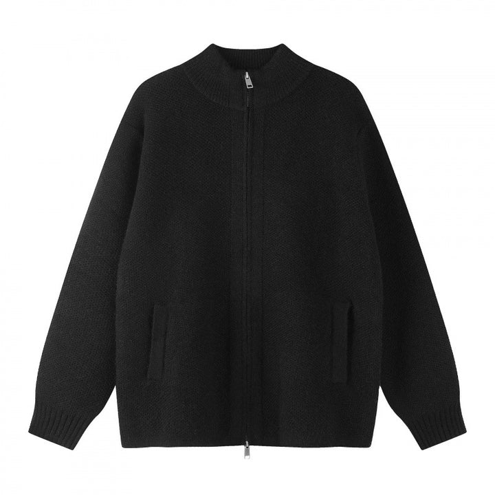 Women Oversized Knit Zip Jacket with Stand-Up Collar and Two-Way Zipper Mune Fashion