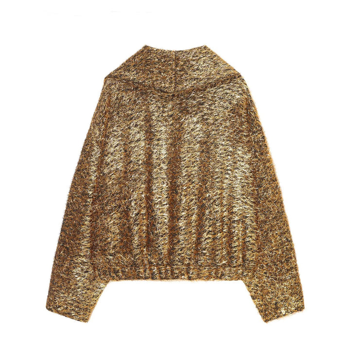 Ladies nano short glitter teddy jacket with boxy cut, stand-up collar and continuous metal zipper Mune Fashion