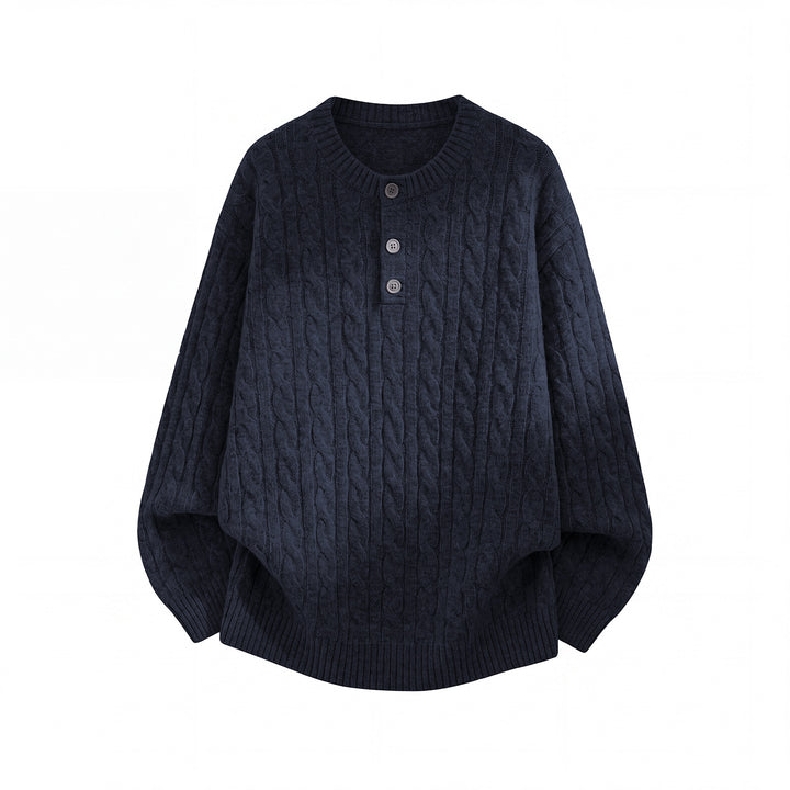 Unisex Oversize Cable Knit Sweater with Henley Button Placket Mune Fashion