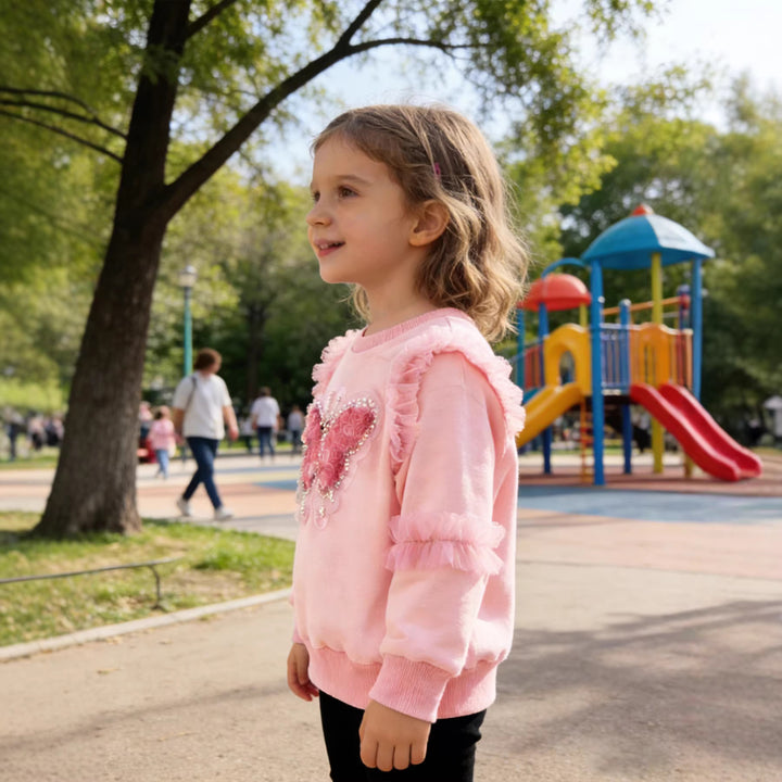 Girls sweatshirt with shiny butterfly design and ruffle details Mune Fashion