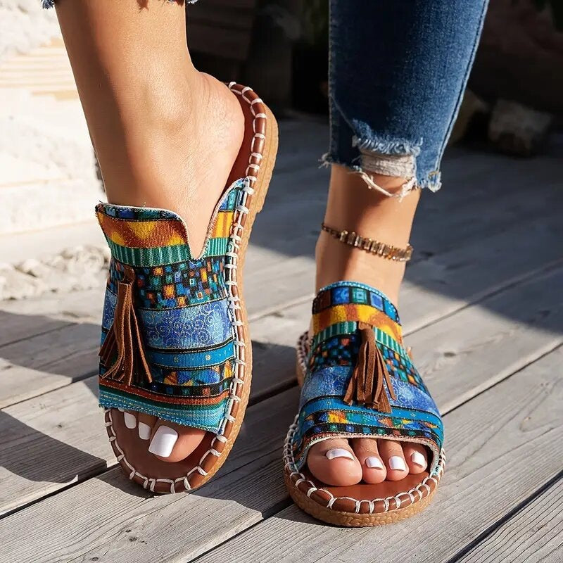 Women's Boho-Ethno-Tassel-Slides with Braided Sole and Padded Insole Mune Fashion