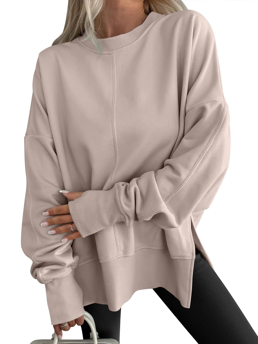 Women Oversize Sweatshirt with Center Seams, Round Neck and Drop Shoulder Mune Fashion