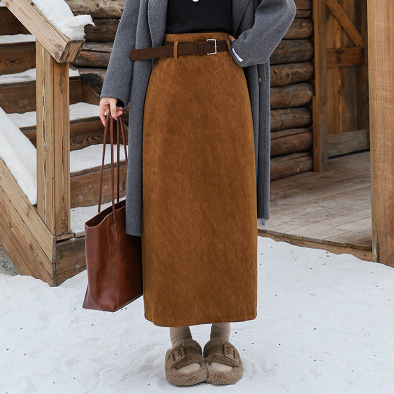 Women's A-line wool blend midi skirt with inset faux leather belt and high waistband Mune Fashion