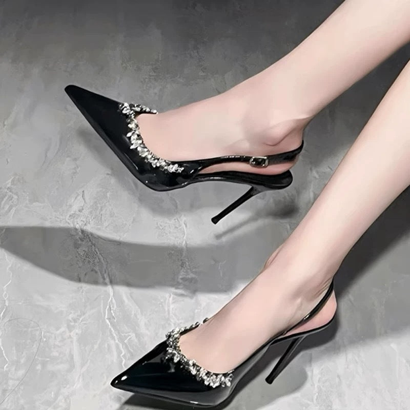 Women Patent Slingback Pumps with Pointed Toe, Crystal Embellishment and Slim Stiletto Heels