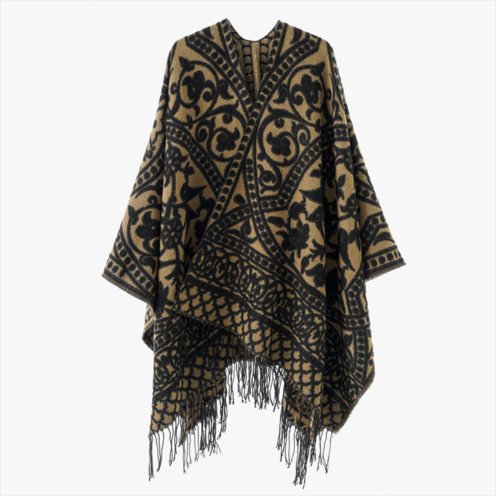 Women’s jacquard poncho with oriental ornament pattern and fringe hem Mune Fashion