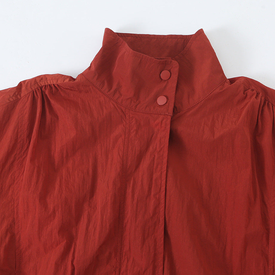 Women's Lightweight Cropped Bomber Jacket with Stand Collar, Elastic Hem and Snap Button Placket Mune Fashion