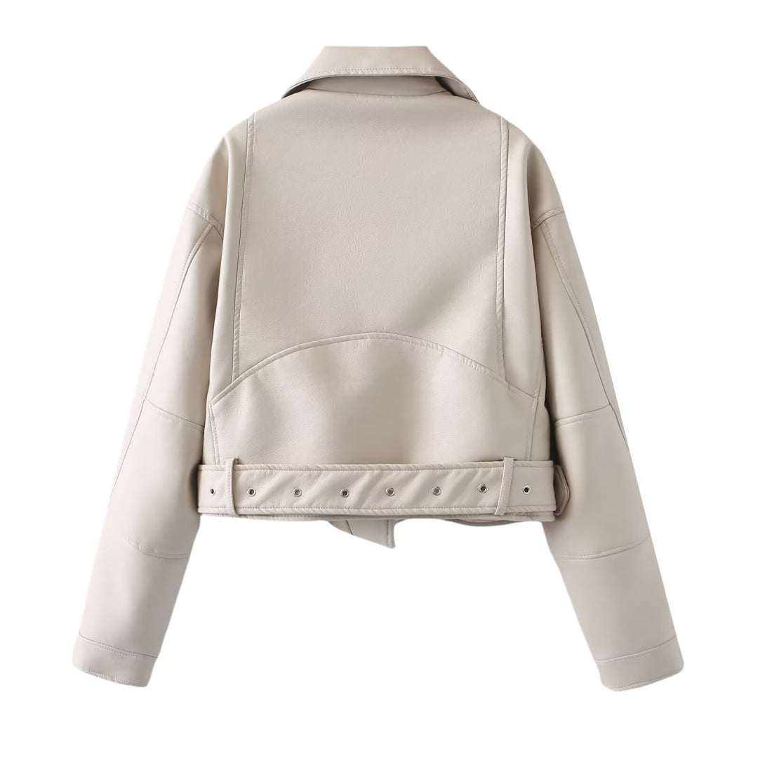 Women's short biker jacket made of soft synthetic leather with waist belt Mune Fashion