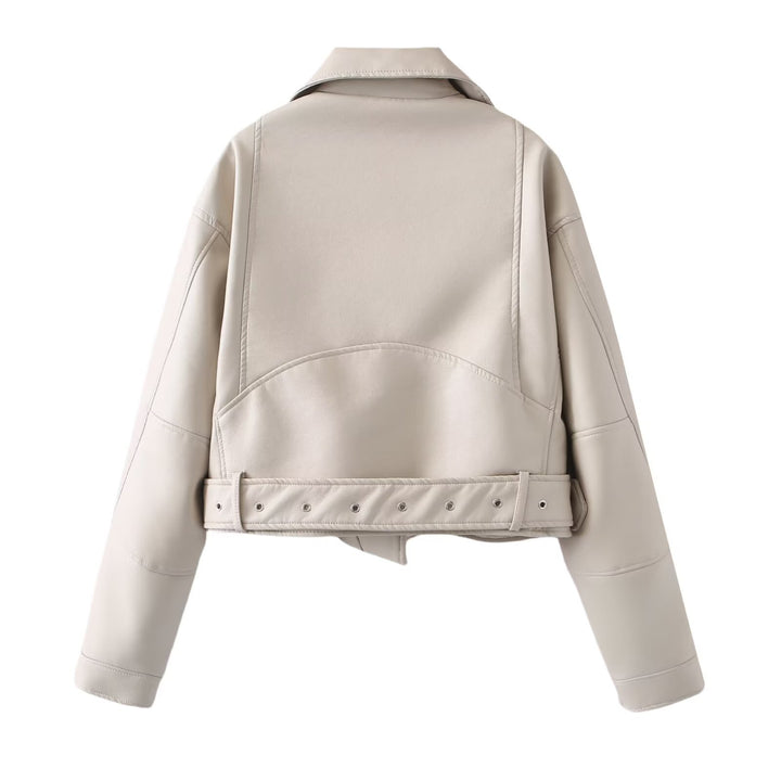 Women's short biker jacket made of soft synthetic leather with waist belt Mune Fashion