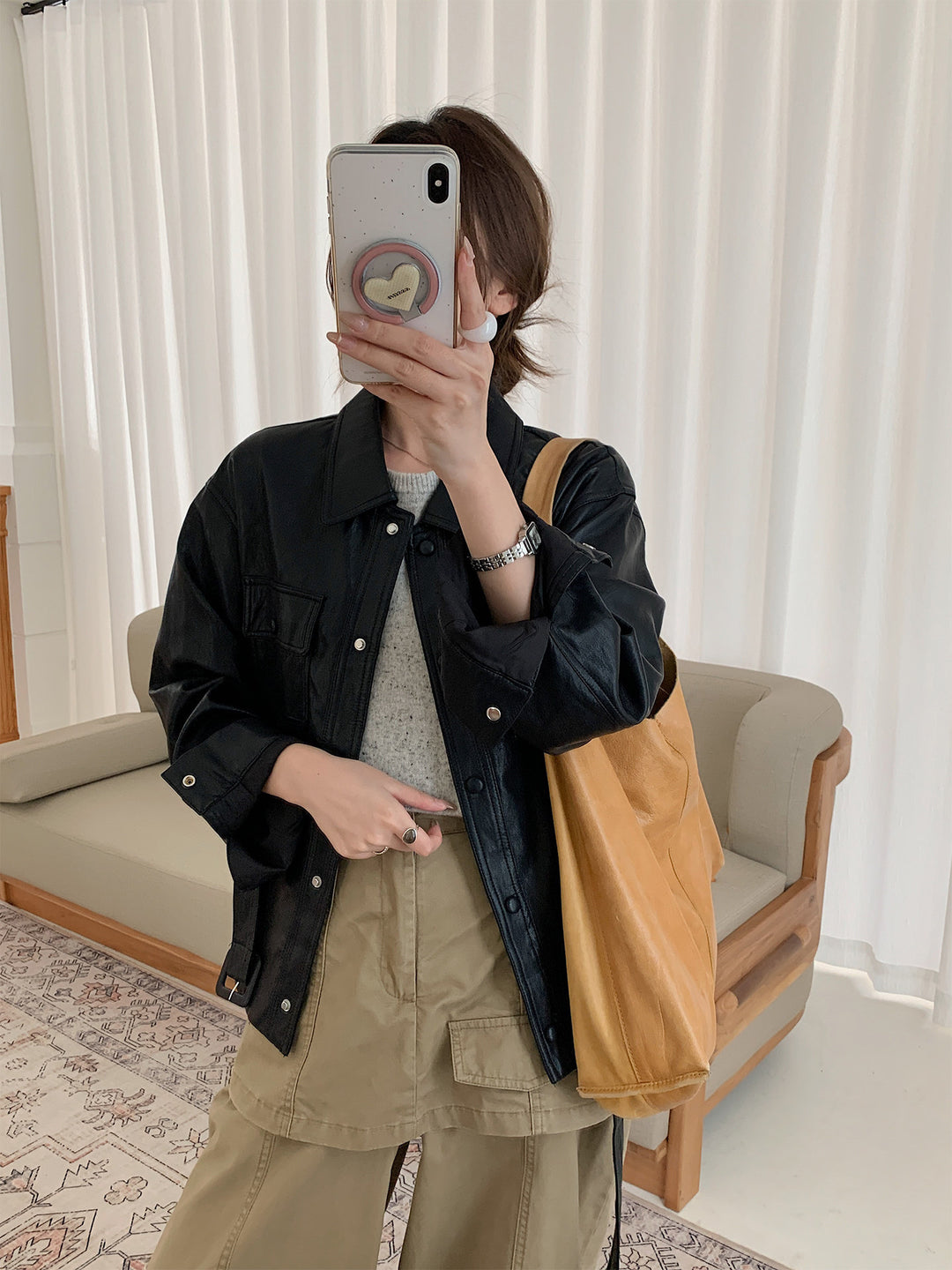 Women's Short Oversized Leather Jacket with Waist Drawstring and Snap Button Placket Mune Fashion