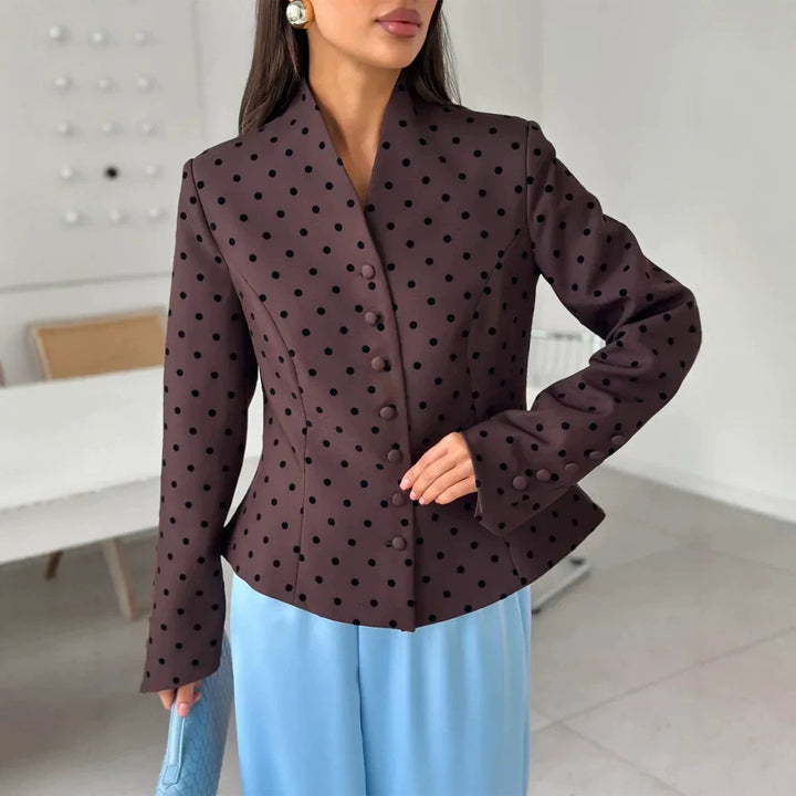 Women's Tailored Stand Collar Blazer with Polka Dot Pattern and Concealed Button Placket Mune Fashion