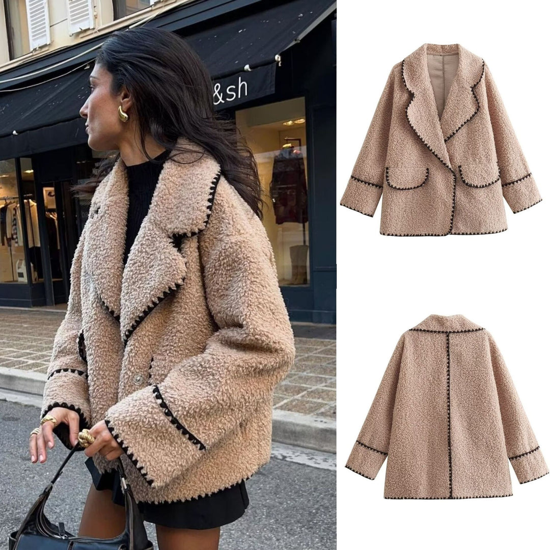 Women’s short cut teddy coat with large shawl collar, patch pockets, and contrasting decorative trim Mune Fashion