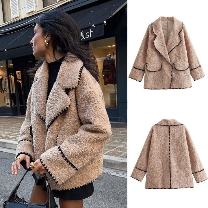 Women’s short cut teddy coat with large shawl collar, patch pockets, and contrasting decorative trim Mune Fashion