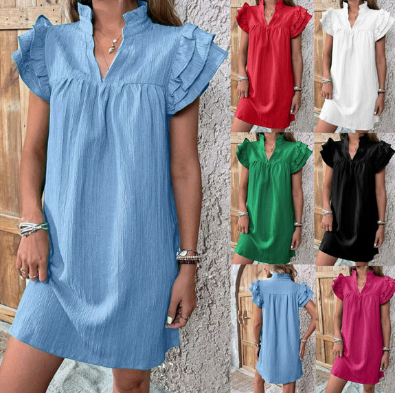Women Crinkle Mini Dress with Standing Collar, V-Neck and Ruffled Sleeves Mune Fashion