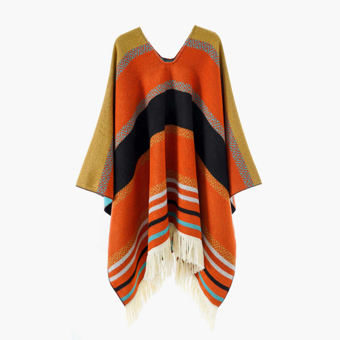Women Oversize Poncho-Cape with V-neck and Fringe Hem Mune Fashion