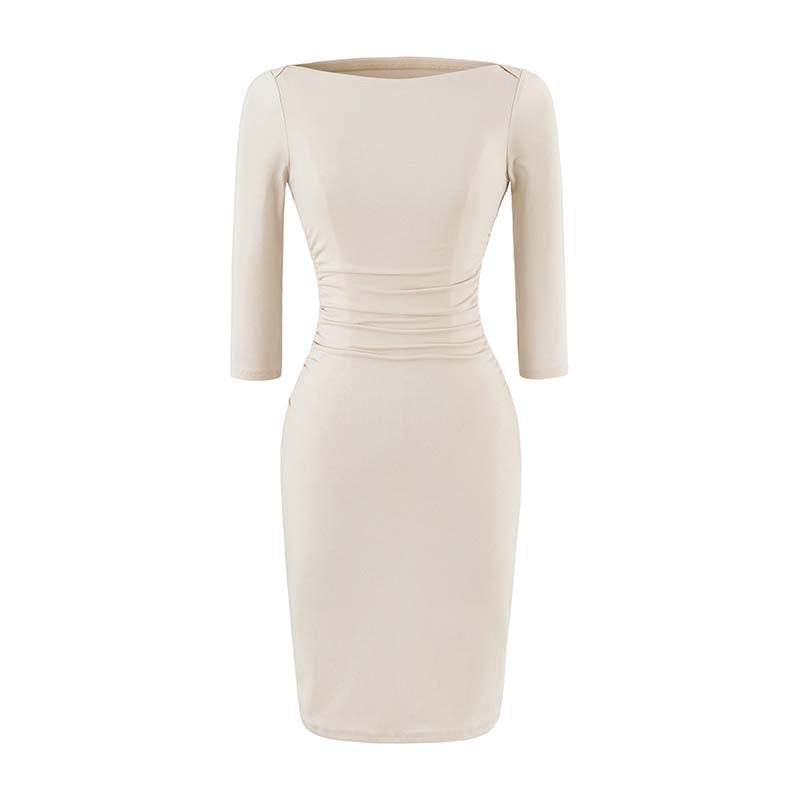 Women’s Fitted Midi Dress with Boat Neck, Three-Quarter Sleeves and Gathered Waist