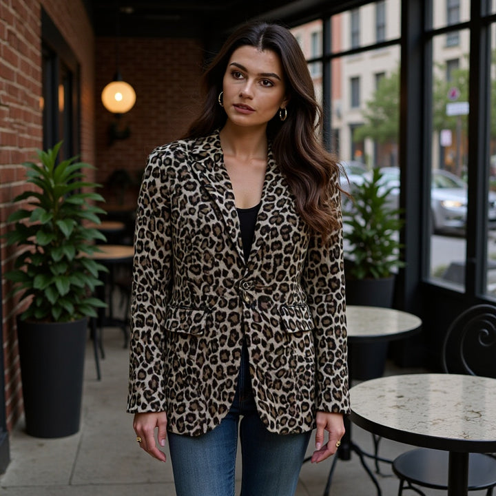Women's Leopard Print Boucle Blazer with Notched Collar and Flap Pockets Mune Fashion
