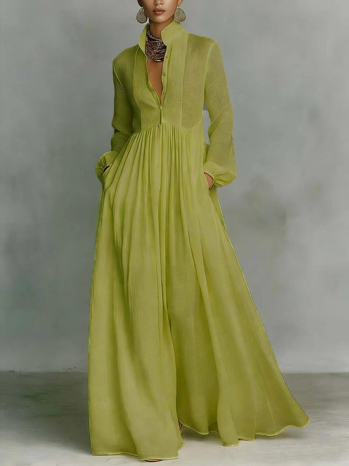 Women’s maxi dress with stand-up collar, button placket, and side pockets Mune Fashion