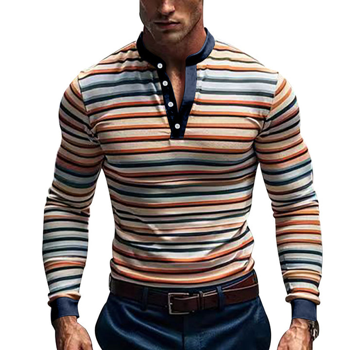 Men's striped long-sleeve Henley shirt with stand-up collar and button placket Mune Fashion