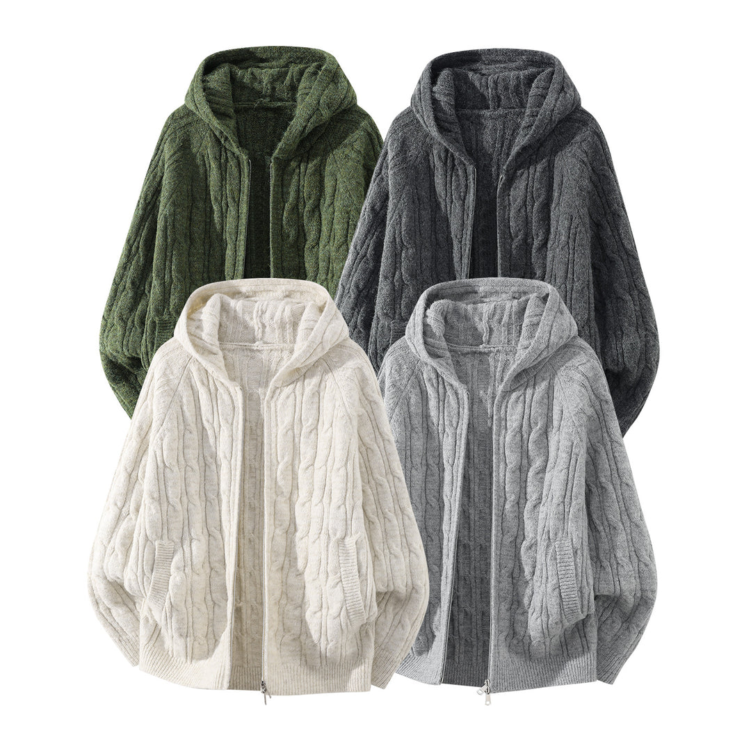 Women's Oversized Hooded Cardigan with Cable Knit Pattern and Separating Zipper Mune Fashion