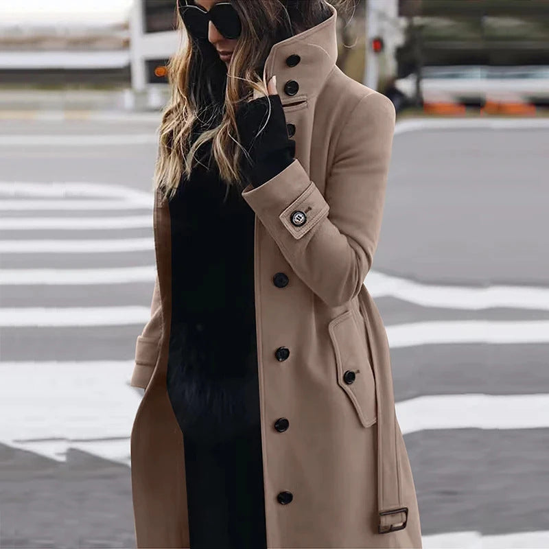 Women's tailored long coat with stand-up collar, concealed button placket and shaping seams Mune Fashion
