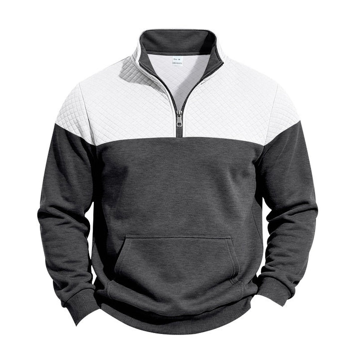 Men's Stand Collar Sweatshirt with Half Zip, Quilted Shoulder Yoke and Kangaroo Pocket Mune Fashion