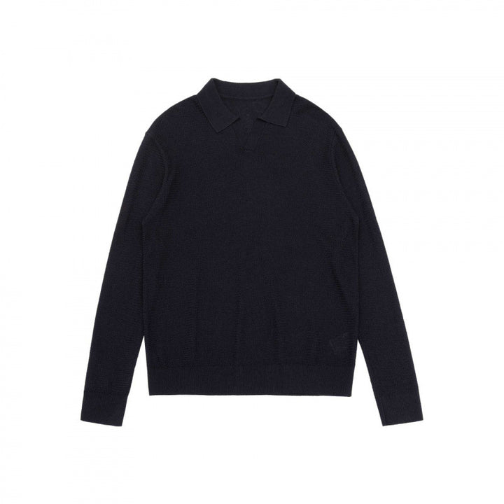 Unisex Fine knit polo with open polo collar, lightweight mélange knit and ribbed finishes Mune Fashion