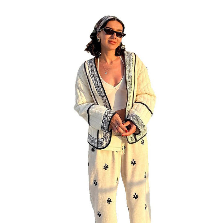 Women Quilted Kimono Cardigan with Geometric Embroidery Mune Fashion
