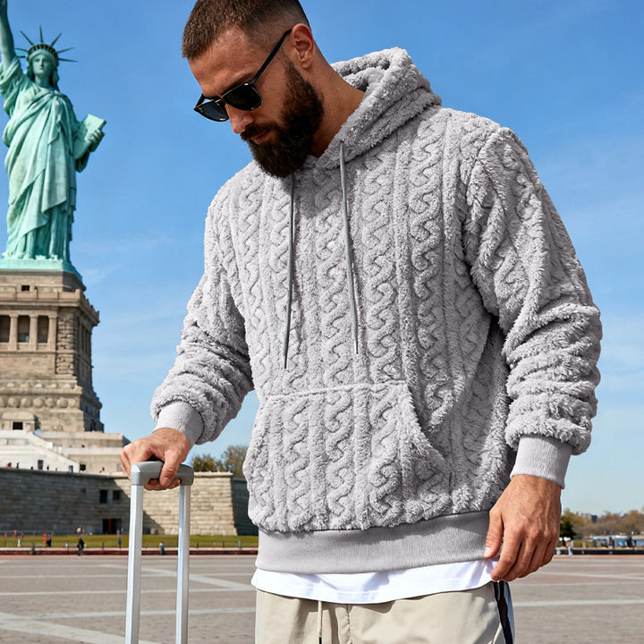 Men's Cozy Sherpa Hoodie with Cable Knit Pattern, Kangaroo Pocket and Ribbed Cuffs Mune Fashion