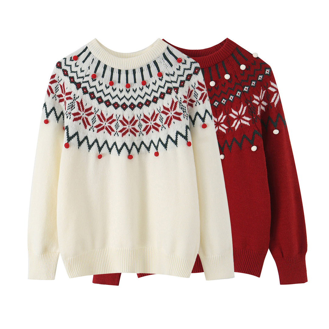 Women’s Norwegian Pattern Knit Sweater with Round Neck and Three-Dimensional Pompons Mune Fashion