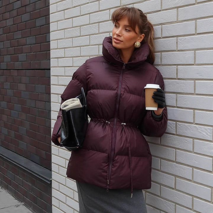 Women Padded Fitted Quilted Jacket with Drawstring & High Standing Collar Mune Fashion