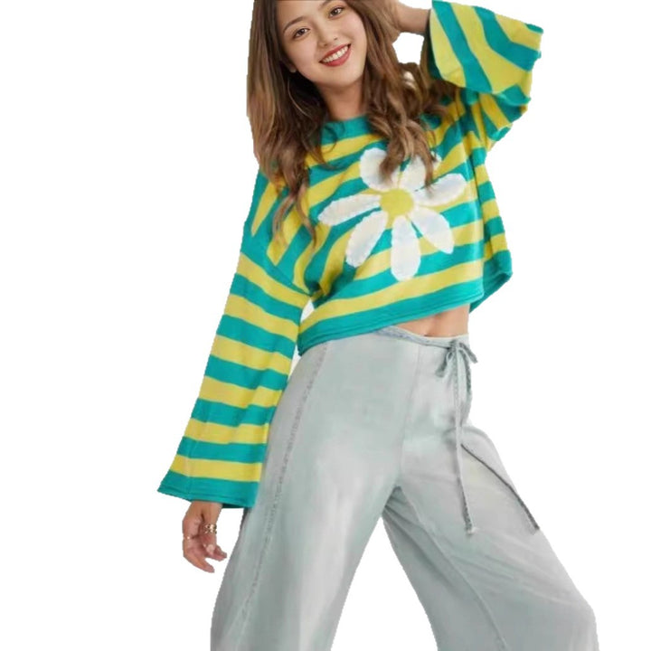 Women's Fashion Striped Crop Sweater with Floral Pattern
