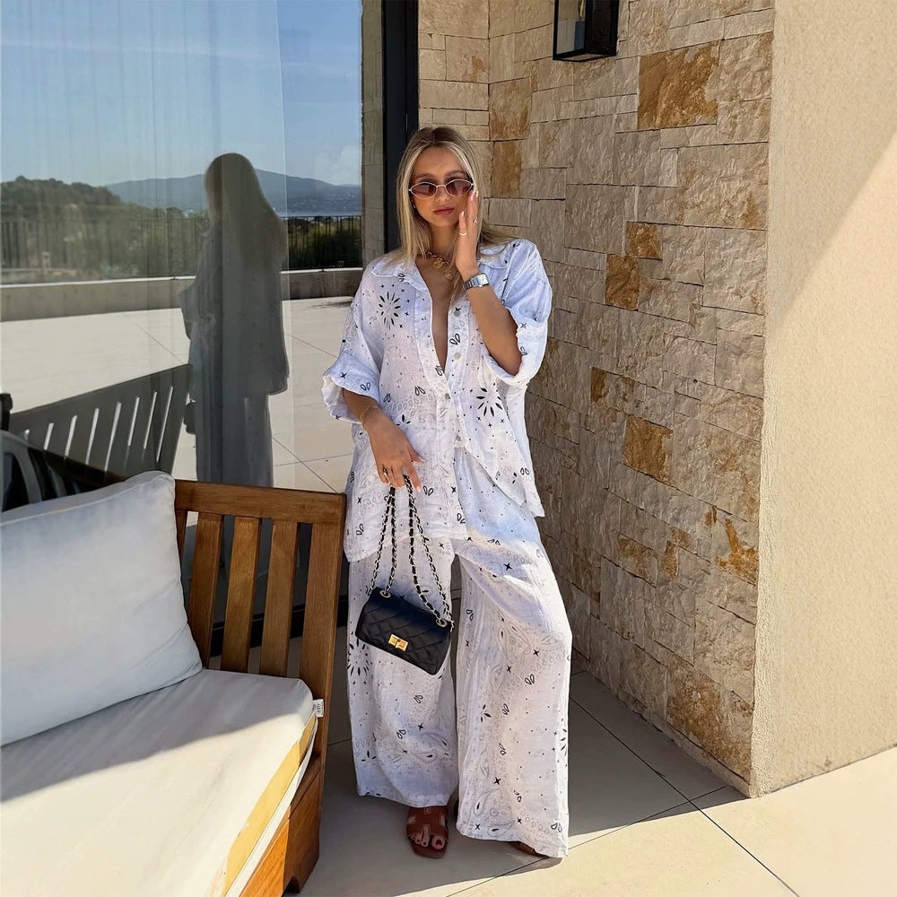 Women's airy lace embroidery beach two-piece set with oversized shirt, chest pocket, and wide palazzo pants Mune Fashion