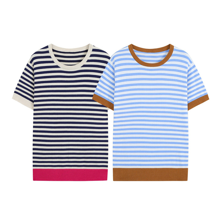 Women Short-Sleeved Striped Rib Knitted Shirt with Contrast Cuffs Mune Fashion