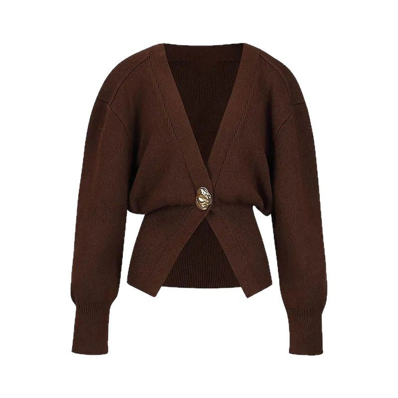 Women 500+ Cropped Cardigan with Waist Gathering, Deep V-Neck and Large Decorative Button Mune Fashion