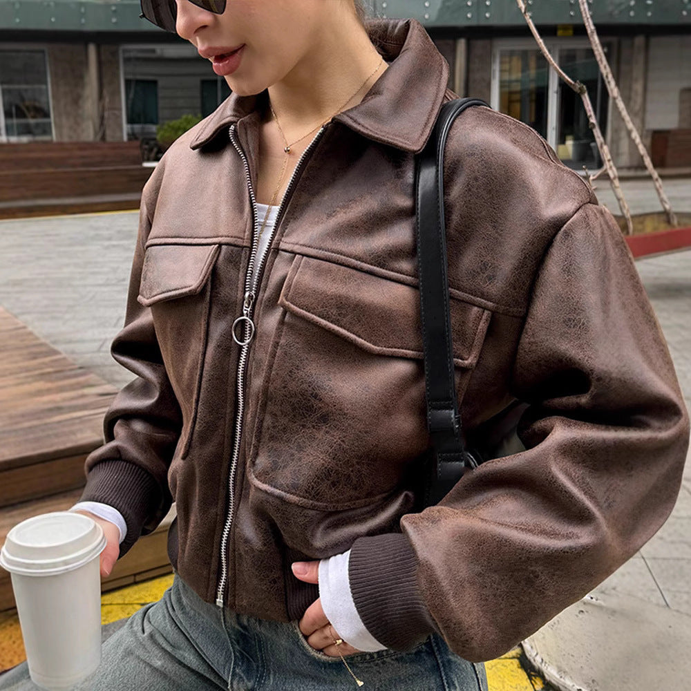 Women Cropped Suede Look Bomber Jacket with Flap Pockets and Ribbed Hem Mune Fashion