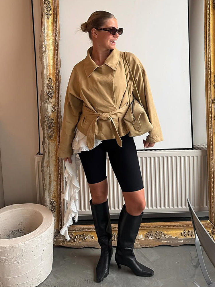 Women's Short Tailored Canvas Jacket with Tied Belt and Dropped Shoulders Mune Fashion