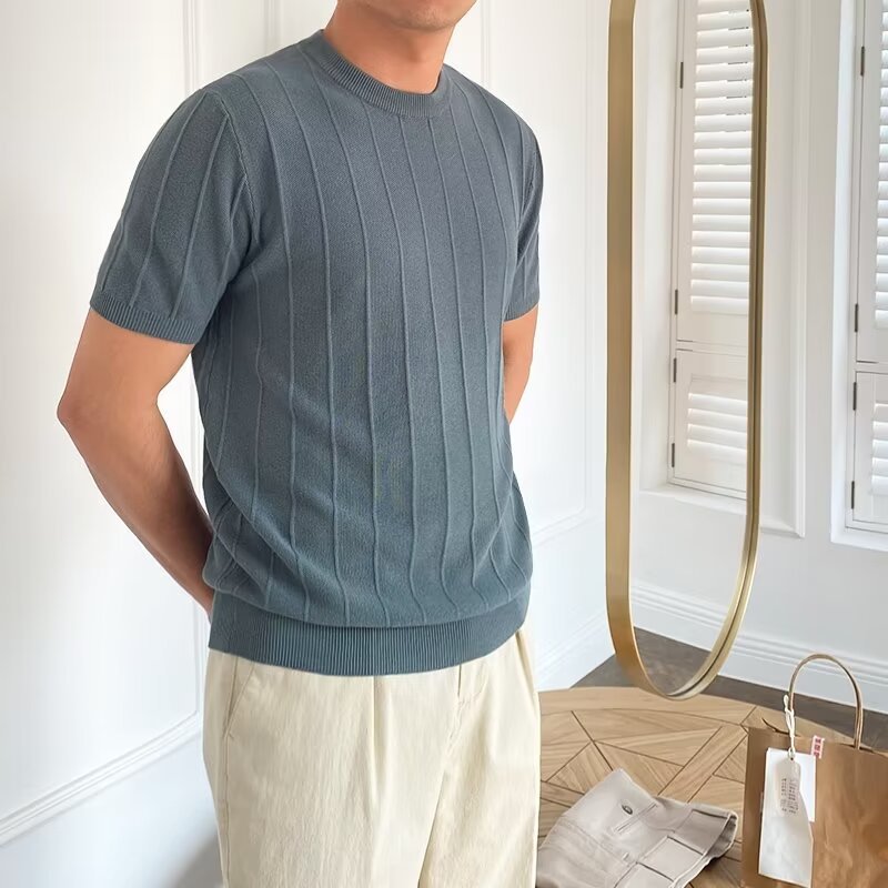 Men's Short Sleeve Knit Sweater with Ribbed Structure Mune Fashion