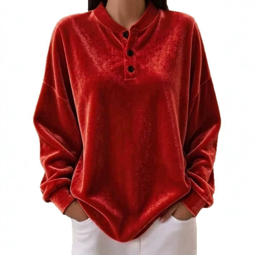 Women Casual Oversized Velvet Henley Shirt with Button Placket Mune Fashion