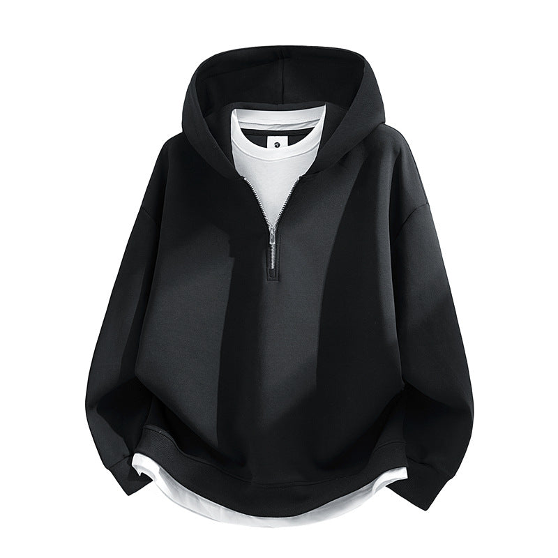 Unisex Oversize-Halfzip-Hooded Sweatshirt with Layered Look, Rounded Hem & Ribbed Cuffs Mune Fashion
