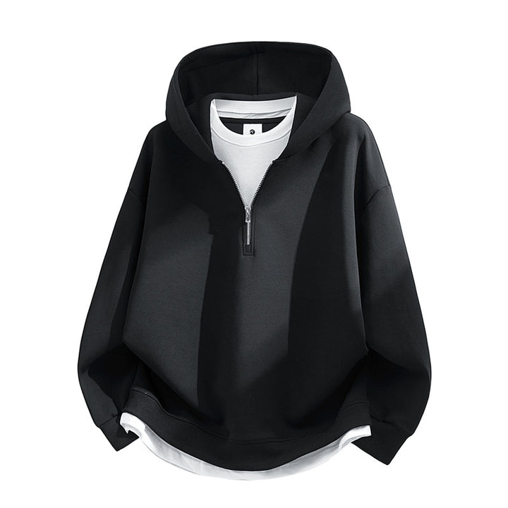 Unisex Oversize-Halfzip-Hooded Sweatshirt with Layered Look, Rounded Hem & Ribbed Cuffs Mune Fashion