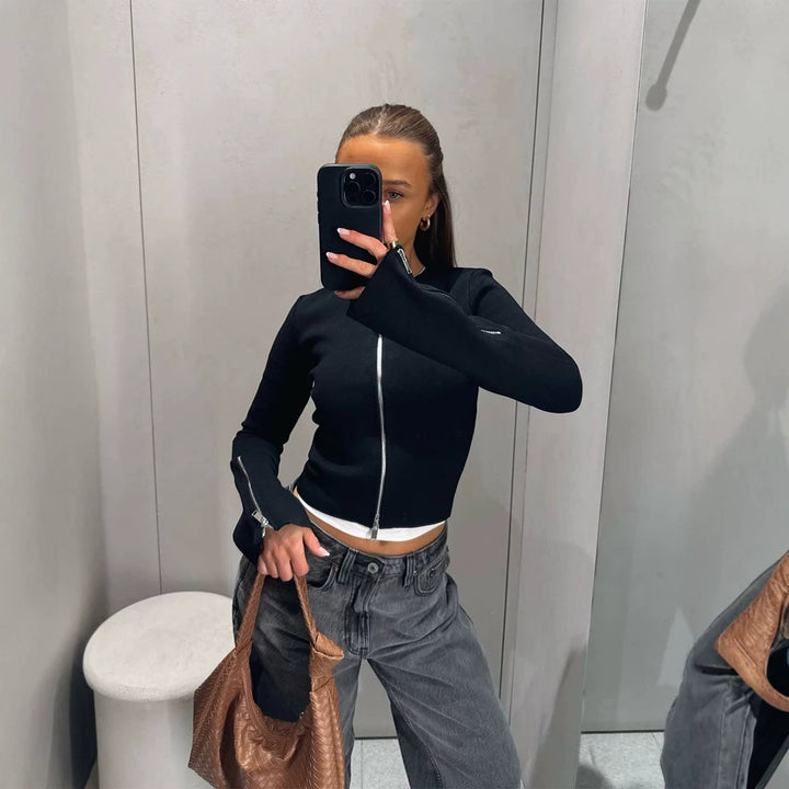 Ladies Tailored Cropped Cardigan with Full Metal Zipper and Extended Cuff Zippers Mune Fashion