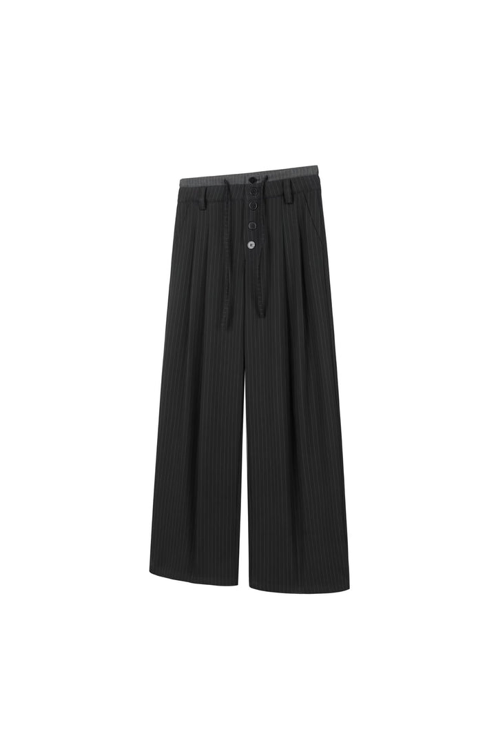 Women's High-waisted Wide Suit Pants with Pinstripes, Button Placket & Waist Drawstring Mune Fashion