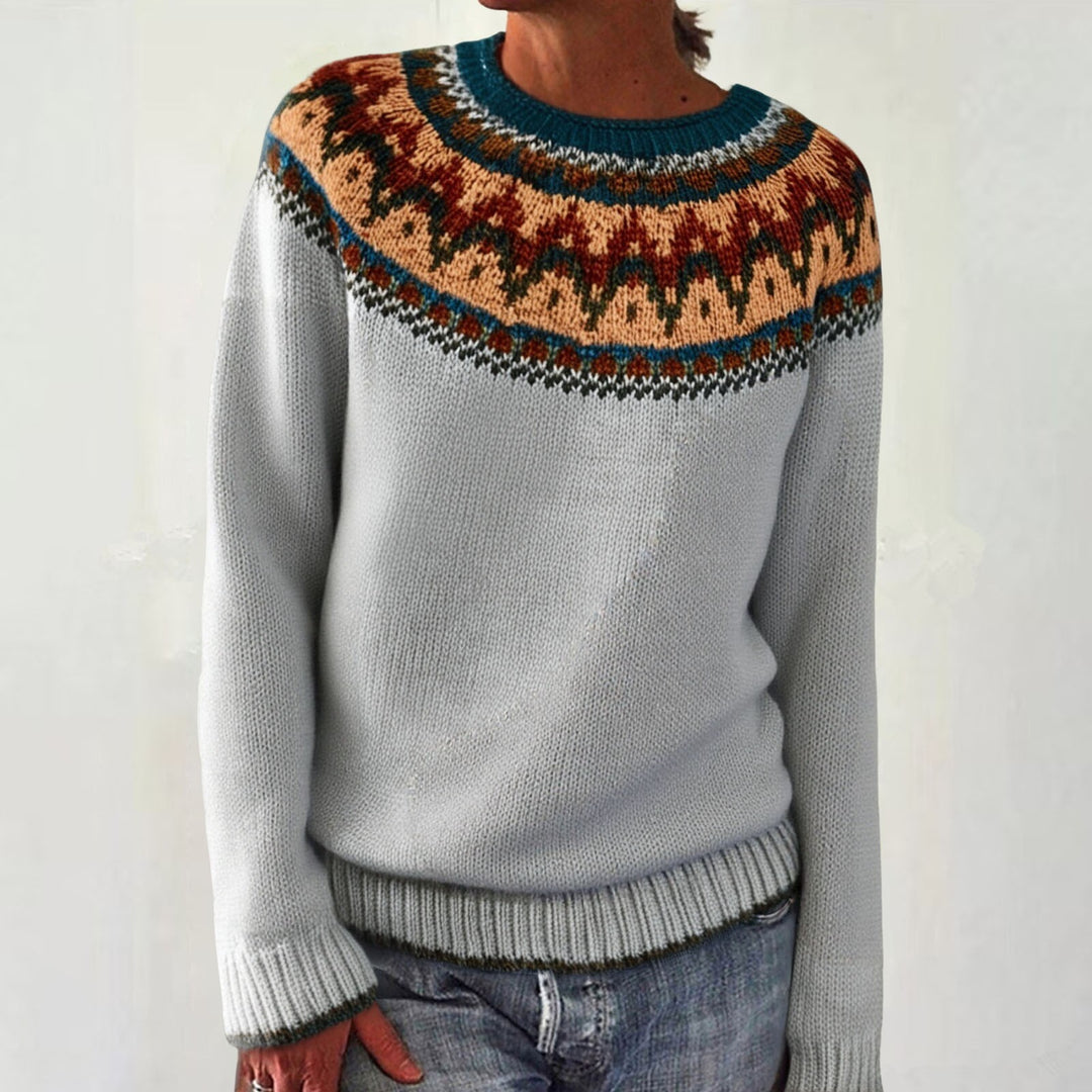 Women's gray marled round neck sweater with circular jacquard yoke and ribbed hem Mune Fashion