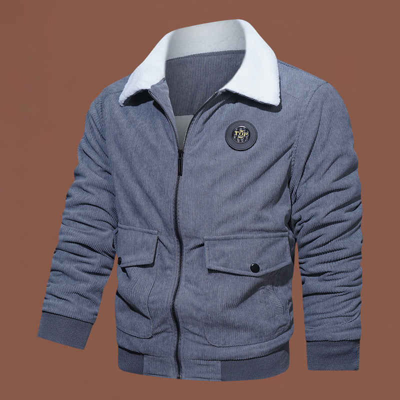 Men's corduroy bomber jacket with teddy lining, high collar, and patch pockets