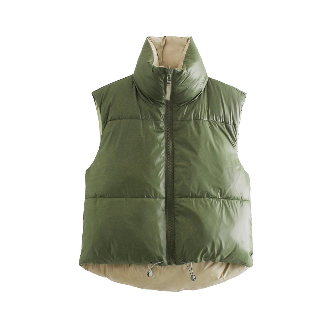 Women's short-cut quilted vest with high stand-up collar and extended back Mune Fashion