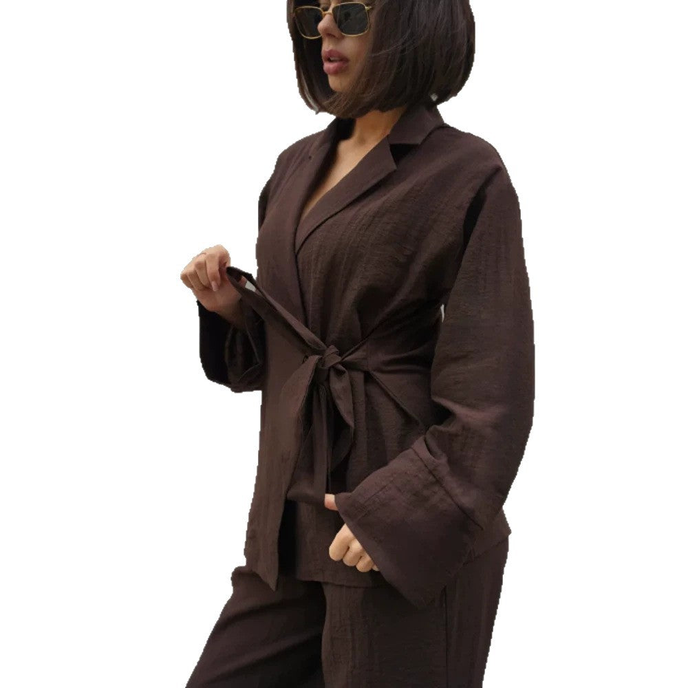 Women's Wrap Blazer with Tying Belt, Casual Oversized Cut and Lapel Collar Mune Fashion