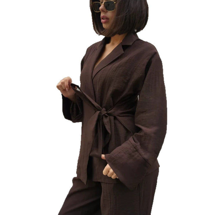 Women's Wrap Blazer with Tying Belt, Casual Oversized Cut and Lapel Collar Mune Fashion