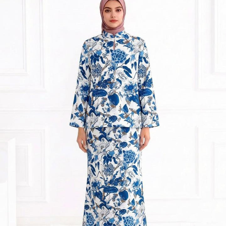 Ladies Two-Piece Modest Set consisting of Tunic with Stand-up Collar and Straight Maxi Skirt with Floral Print Mune Fashion
